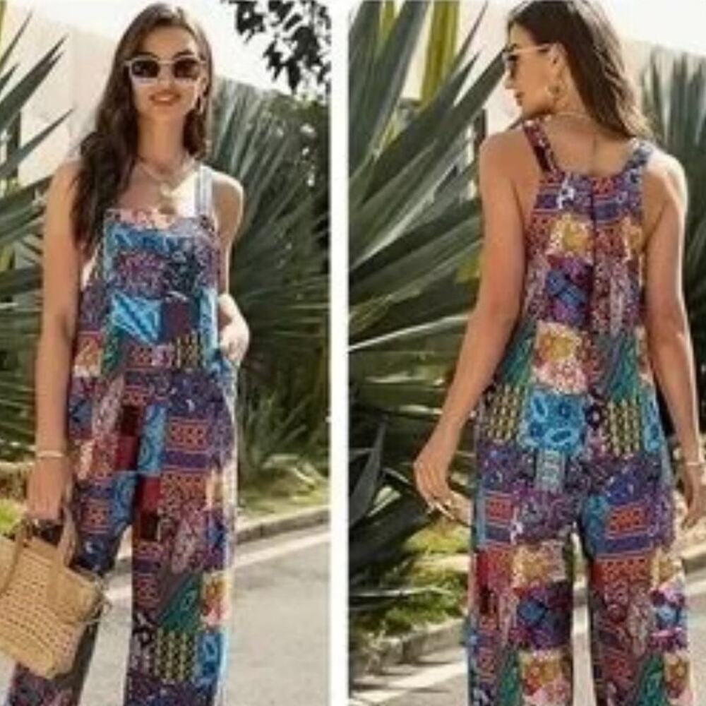 Patchwork Print Wide Leg Crop Jumper Overalls  Boho Hippie Festival  SZ 10